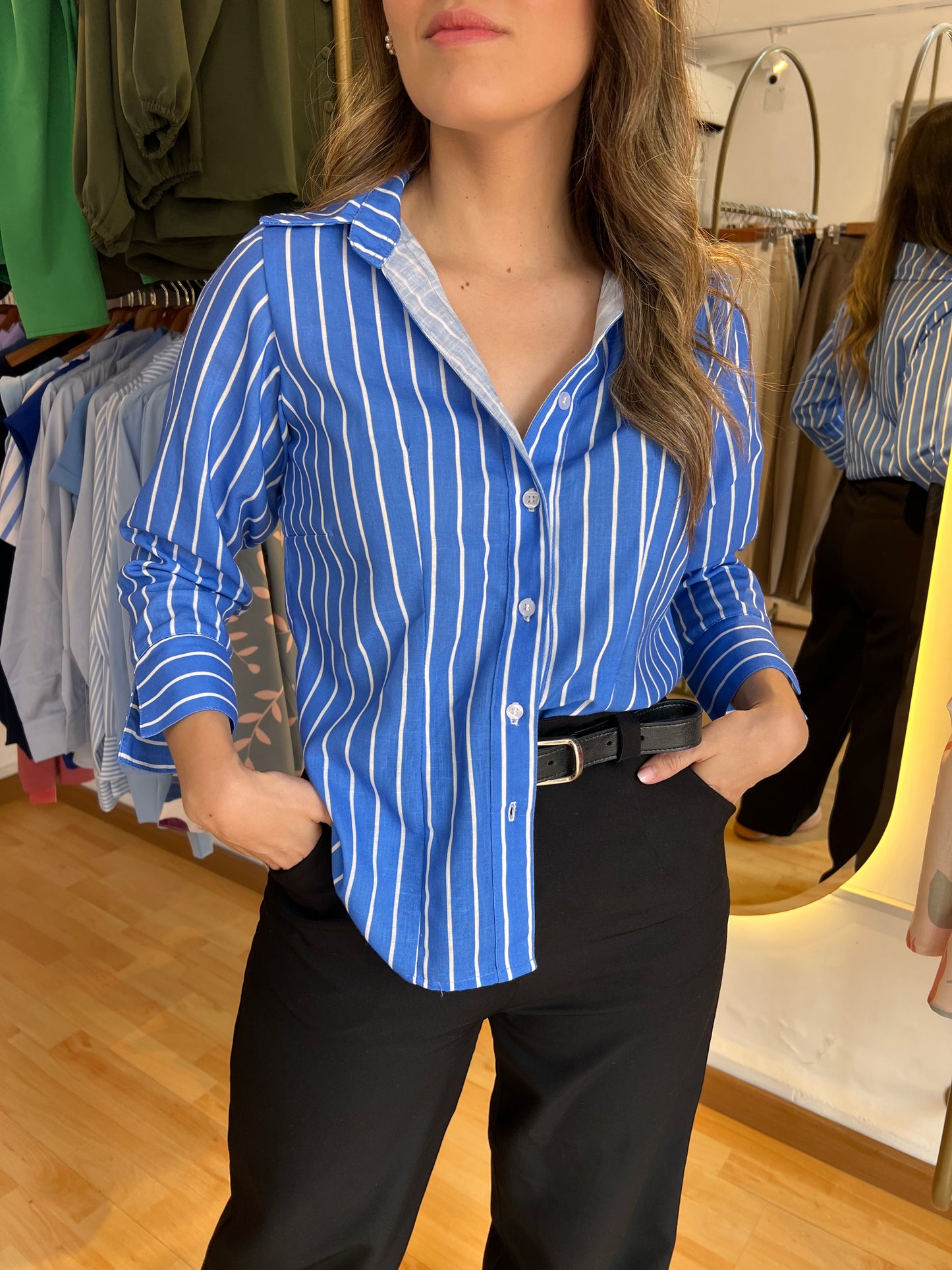 CAMISERA BELÉN LINO RAYAS AZUL HORTENCIA