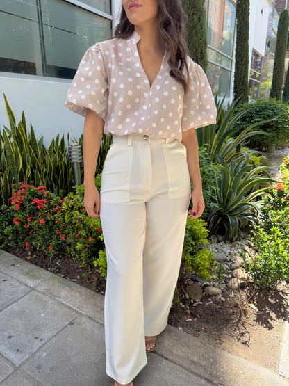 PREVENTA BLUSA VICTORIA PUNTOS BEIGE BLANCO