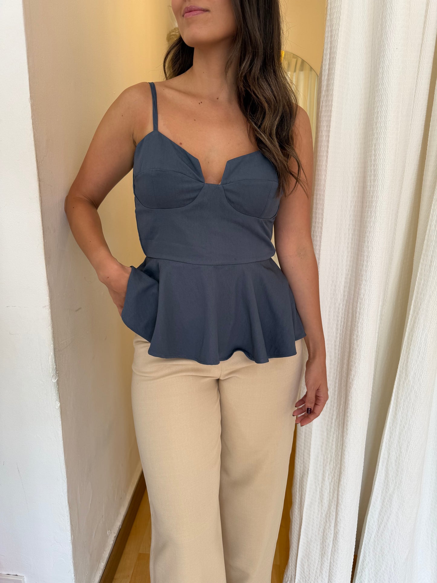 BLUSA PEPLUM AZUL ACERO
