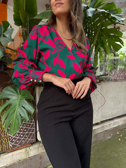 BLUSA CRUZADA VERDE FUSIA